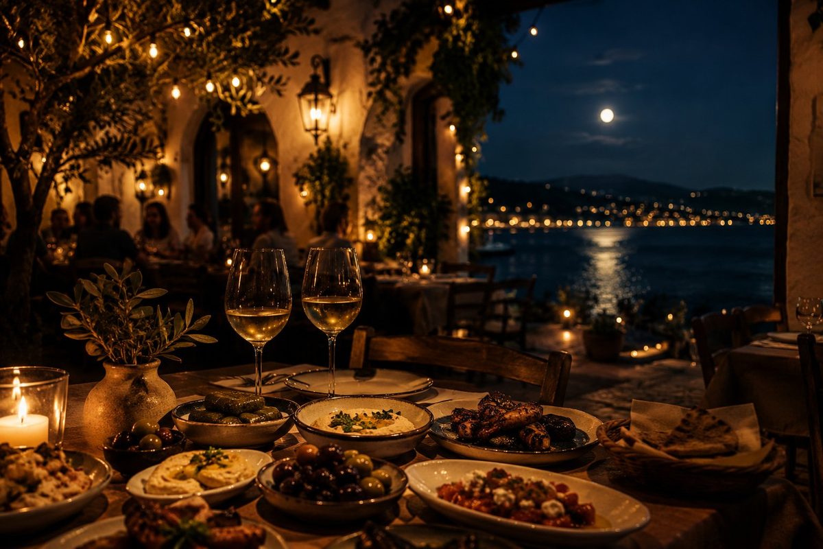 Kvällsmiddag på Meze Tavern med medelhavsrätter och stämningsfull belysning